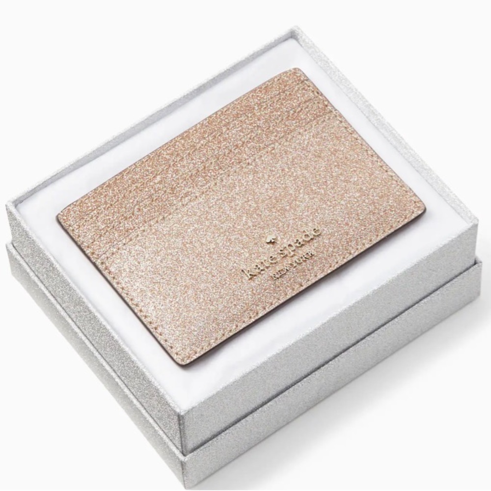 NWT Kate Spade Rose Gold Sparkle Glitter Tinsel Boxed Small Card Holder Wallet